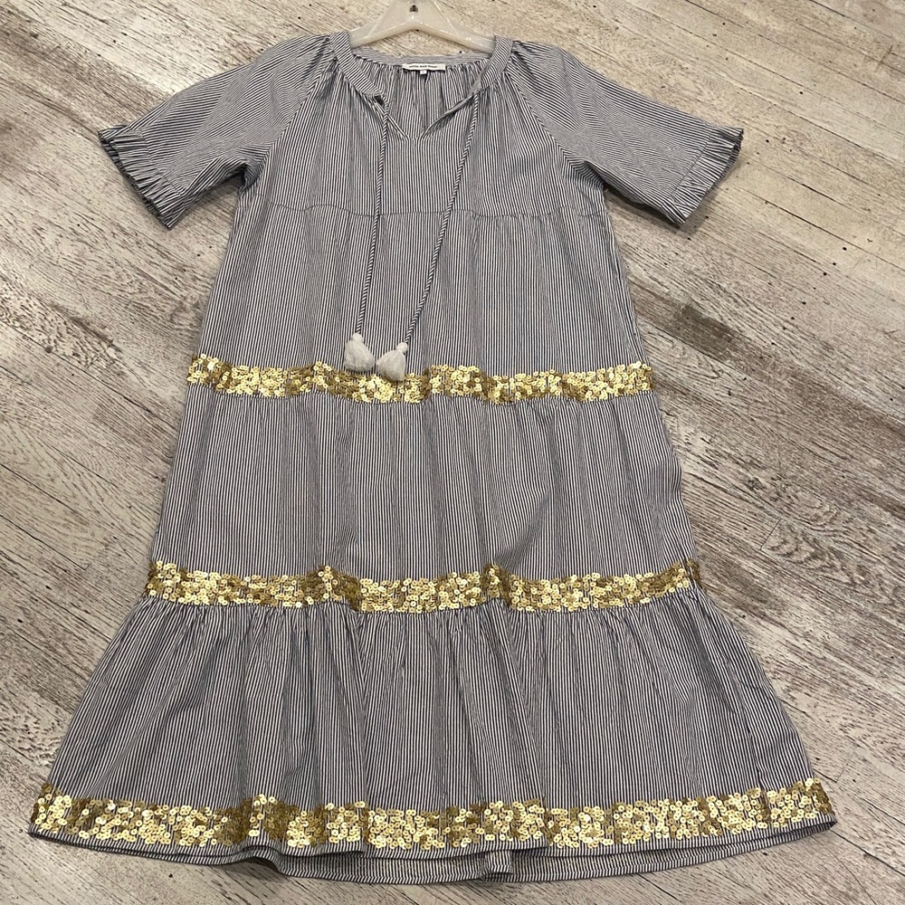 ROSE AND ROSE STRIPPED WHITE AND BLUE MAXI DRESS WITH  GOLD SEQUINS GC SIZE LG